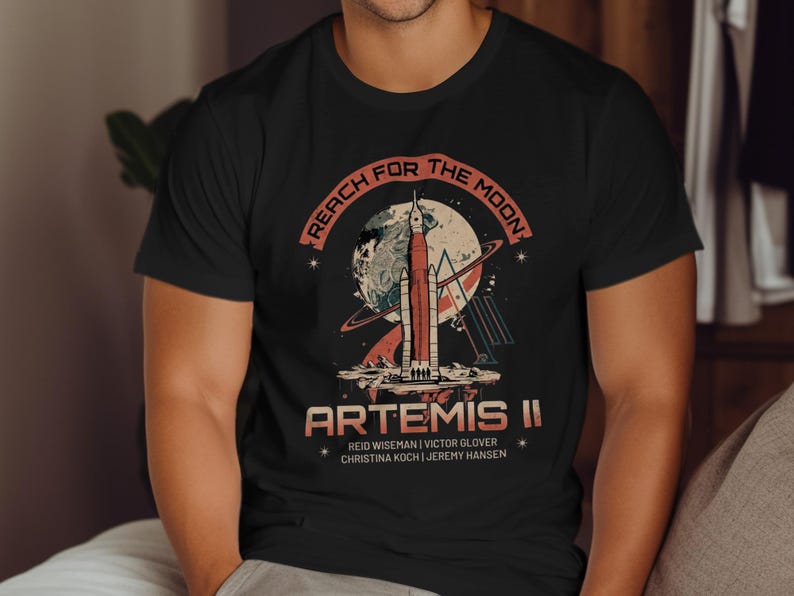 Artemis II Moon Mission T-Shirt, Reach For The Moon NASA Crew Astronauts Space Rocket Launch Apparel, Cosmic Science Gift Tee