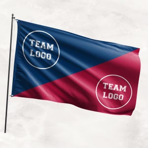 以下が含まれることがあります： 両側に白い円の中に「TEAM LOGO」という文字が書かれた青と赤の旗