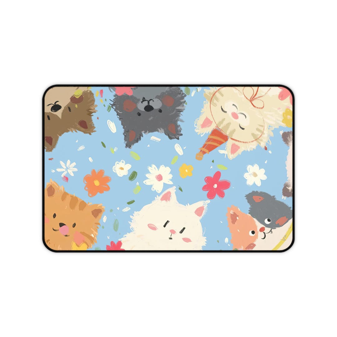 Kawaii Cat Desk Mat Mouse Pad Pastel Floral Cute Kitty Design Large ...