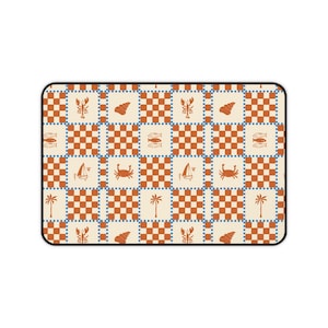 Coastal Checkerboard Desk Mat Mouse Pad Nautical Crab Shell Sailboat Design Retro Beach Aesthetic Large Gaming Setup Decor