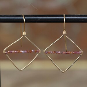 Ruby earrings. Gold and Ruby. Geometric earrings. Geometric hoop earrings.