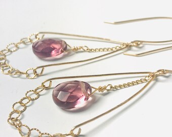 Amethyst chandelier earrings. Long earrings. Gold earrings. Teardrop amethyst stone. Dainty gold earrings.