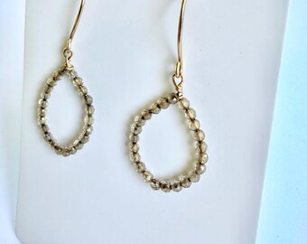 Smoky Quartz Hoop Earrings, 14k Gold-Filled Wire, Handmade Jewelry