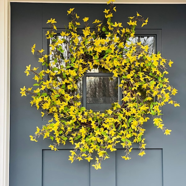 Forsythia Wreath, Yellow Floral Wreath, 25 Inch Spring and Summer Wreath for Front Door, Cottage Style Wreath