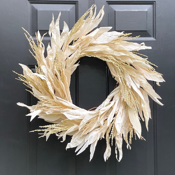 Faux Corn Husk Wreath for Front Door, Neutral Fall Wreath, Cream Autumn Decor, Neutral Corn Husk Wreath, Monochromatic Fall Wreath