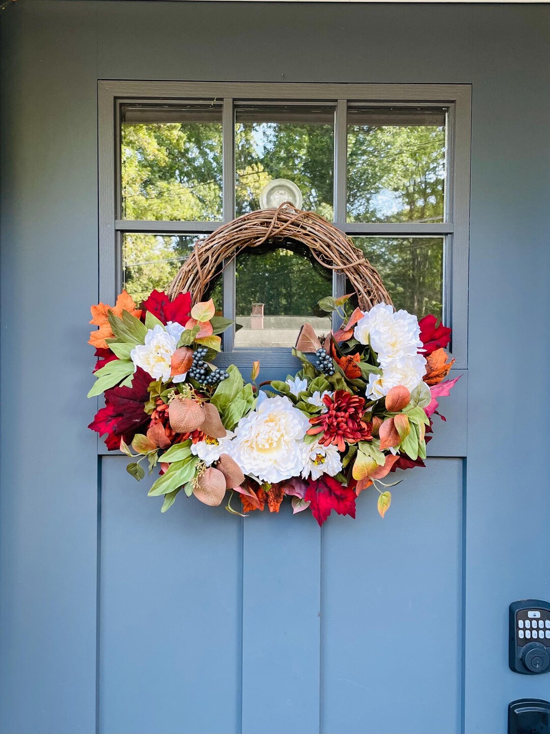 Burgundy Maple Leaf Wreath, Fall Peonies and Mums, Autumn Door Decor - Etsy