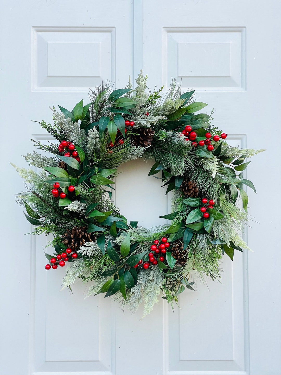Traditional Christmas Wreath With Evergreens and Red Berries ...