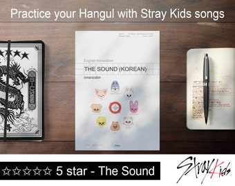May include: A five-star review for the Stray Kids album "The Sound" with a graphic of a compass and cartoon animals. The album cover is white with black text and a grid pattern.