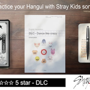 Peut inclure: Une évaluation cinq étoiles pour un pack de contenu téléchargeable (DLC) pour un jeu d'apprentissage de la langue coréenne. Le DLC présente la chanson "Dance Like Crazy" du groupe de K-pop Stray Kids. L'image montre une capture d'écran de l'interface du jeu, avec un motif de dragon noir et blanc en arrière-plan.
