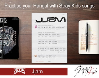 May include: A printable worksheet for learning Korean Hangul with lyrics from the Stray Kids song "Jjam". The worksheet features a pink cartoon cat, a brown cartoon bear, and Korean text.