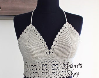 Crochet halter neck bustier, stone colored bustier, summer top,beige top,woman clothes