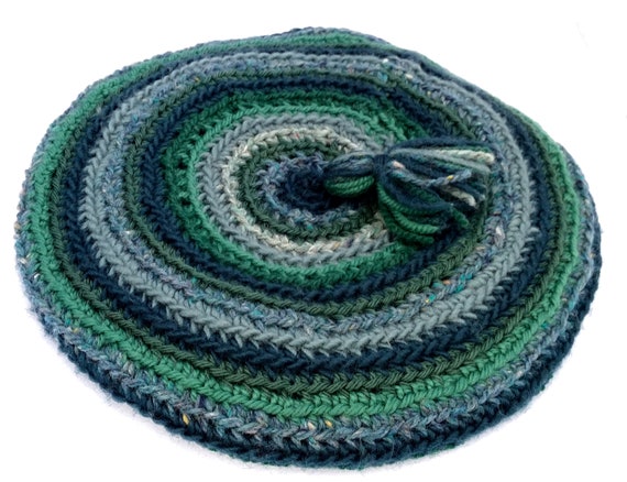 Hand knit wool beret - teal, blue, and green stri… - image 1