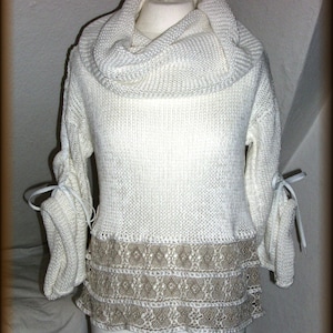 Strickbluse, Strickpullover mit Schlauchschal, Leinenspitze, Baumwolle, gestrickt, Unikat