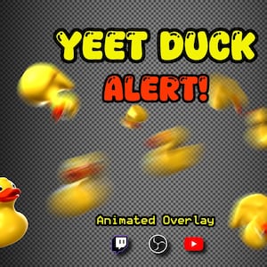 Könnte beinhalten: Animiertes Overlay mit dem Text "YEET DUCK ALERT!" in Gelb und Rot. Mehrere gelbe Gummienten mit orangefarbenen Schnäbeln sind auf einem grau-schwarzen karierten Hintergrund verstreut. Enthält Twitch, YouTube und ein Gaming-Logo.