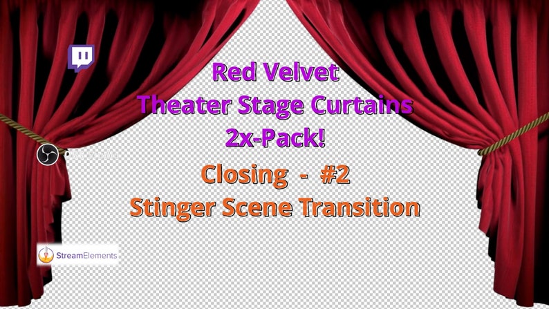 May include: Red velvet theater stage curtains closing in a stinger scene transition animation. The curtains are red with gold rope ties. The text "Red Velvet Theater Stage Curtains 2x-Pack! Closing - #2 Stinger Scene Transition" is displayed in the center of the image.
