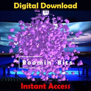 Pode incluir: Um download digital de formas geométricas 3D roxas com o texto "Boomin' Bits" e "Acesso instantâneo" em um fundo azul. A imagem também inclui os logotipos do OBS Studio, Twitch e StreamElements.