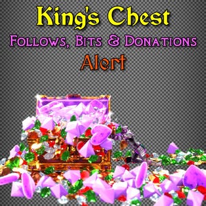 Peut inclure: Image numérique d'un coffre au trésor débordant de pierres précieuses et de pièces d'or. Le texte "King's Chest" est en haut, avec "Follows, Bits & Donations" et "Alert" en dessous. Le coffre est doré et les pierres sont violettes, vertes et rouges.