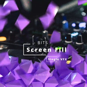 May include: Purple geometric shapes falling over a black audio mixer with the text "BITS - Screen Fill - Single VFX" in a white box.