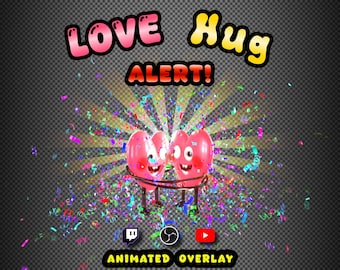 May include: Animated overlay with two pink heart characters hugging, surrounded by confetti and a burst of light. Text includes "LOVE Hug ALERT!" and social media icons. The background is a dark, checkered pattern.