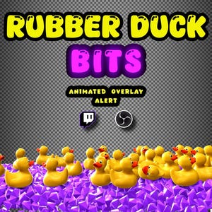 May include: A digital graphic featuring the text "RUBBER DUCK BITS" in yellow and purple, with "ANIMATED OVERLAY ALERT" below. A group of yellow rubber ducks with orange beaks and eyes sit on purple crystals at the bottom.