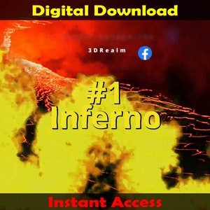 May include: Digital download of a fiery inferno background scene with the text "#1 Inferno" and "Instant Access". The image is a digital download for use with streaming software like OBS Studio and StreamElements.