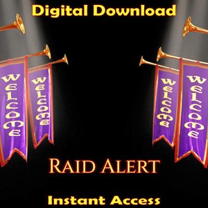 Può includere: Una grafica di download digitale con uno sfondo nero e trombe dorate. Le trombe soffiano in bandiere viola con la parola "WELCOME" scritta in lettere dorate. Il testo "RAID ALERT" è scritto in lettere dorate sotto le bandiere. Il testo "Accesso immediato" è scritto in lettere dorate sotto il testo "RAID ALERT".