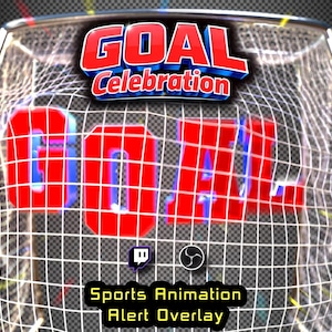 May include: A digital sports animation alert overlay featuring a soccer goal net background. The text GOAL CELEBRATION appears at the top, with the word GOAL in large red letters in the center. Below are Twitch and OBS icons and the text Sports Animation Alert Overlay.