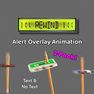 May include: A yellow digital display with the text "<< REWIND >>" on a gray background. The text "Alert Overlay Animation 2-Pack!" is below the display. There are three spinning objects, two with a red and black design and one with a blue and black design. The text "Text & No Text" is below the spinning objects.