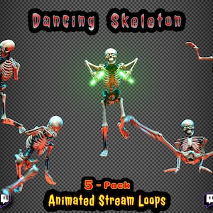 May include: An image showing five animated skeletons in different dance moves. The skeletons are detailed and anatomical, with some having glowing green highlights. The text at the top says "Dancing Skeleton," and at the bottom, "5-Pack Animated Stream Loops."
