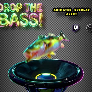 May include: Animated overlay alert with a fish jumping on a speaker. The text "DROP THE BASS!" is in neon colors. The background is a dark gray checkered pattern with Twitch and OBS logos.