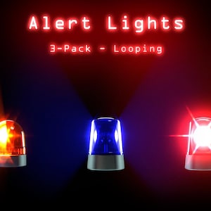 Puede incluir: Tres luces de alerta parpadeantes, una roja, una azul y una naranja, sobre un fondo negro. El texto "Alert Lights 3-Pack - Looping" está por encima de las luces.