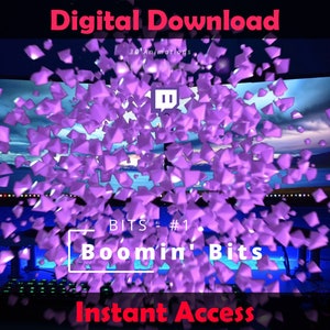 Op de afbeelding: Digitale downloadafbeelding met de tekst "Digital Download" in het rood. De afbeelding toont een computermonitor met de logo's "OBS Studio" en "StreamElements". De woorden "Boomin' Bits" en "Instant Access" zijn ook zichtbaar.