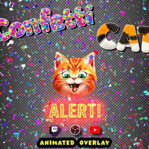 Puede incluir: Superposición animada con una cabeza de gato de dibujos animados en naranja y blanco, ojos verdes y boca abierta. La palabra "Confeti" está en letras coloridas, y "CAT" está en blanco, naranja y negro. La palabra "ALERT!" está en un letrero de neón rojo.