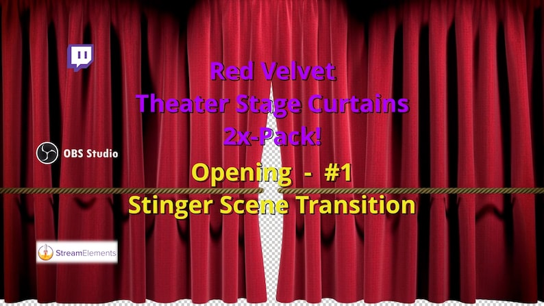 May include: Red velvet theater stage curtains opening with a rope pull. The text reads "Red Velvet Theater Stage Curtains 2x-Pack! Opening - #1 Stinger Scene Transition".