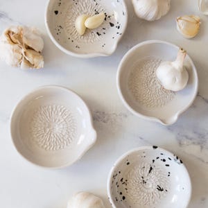 May include: Overhead shot of white ceramic garlic graters with a textured surface and a small handle. Some graters have black speckles. Several whole garlic bulbs and cloves are scattered around the graters.