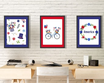 Stampe artistiche da parete per il Giorno dell'Indipendenza: decorazioni rosse, bianche e blu (download digitale)