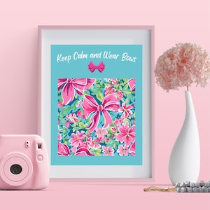 Pink Bow Floral Wall Art: Preppy Nursery Decor (Digital Download)