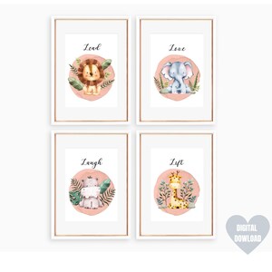 Safari Animal, Nursery Wall Art Decor, lion, elephant, giraffe, hippo, set of 4, pink, baby girl