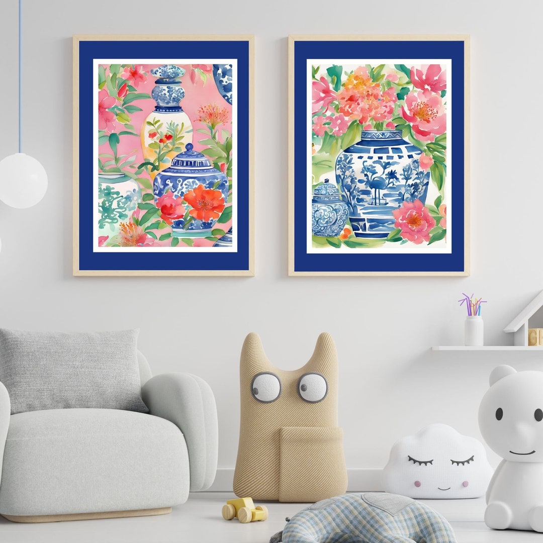 Watercolor Chinoiserie Print Set: Blue Ginger Jar Floral Art (digital ...