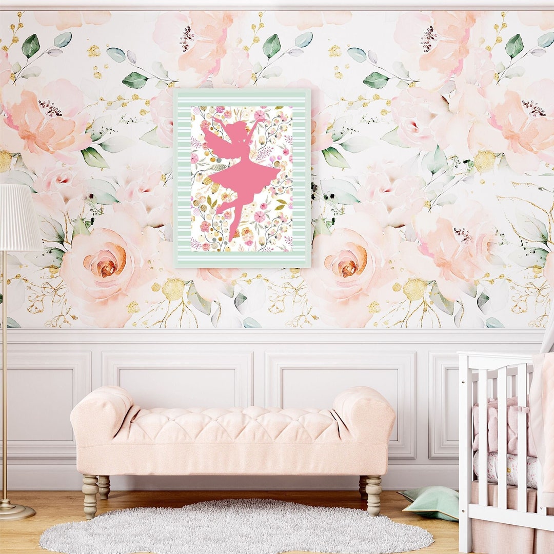 Fairy Wall Art, Green and Pink Wall Art, Nursery Wall Art Decor, Floral