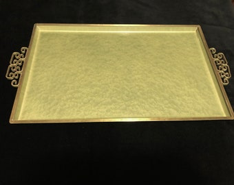 KYES Mid-century Green Moire Glaze Barware Tray Hollywood Regency