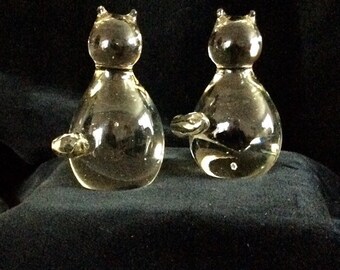 Pair Mid Century Konstglas Style Cats Art Glass Animal Figurine