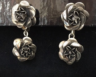 Sterling Silver Hobe Drop Earrings Roses Screw-back