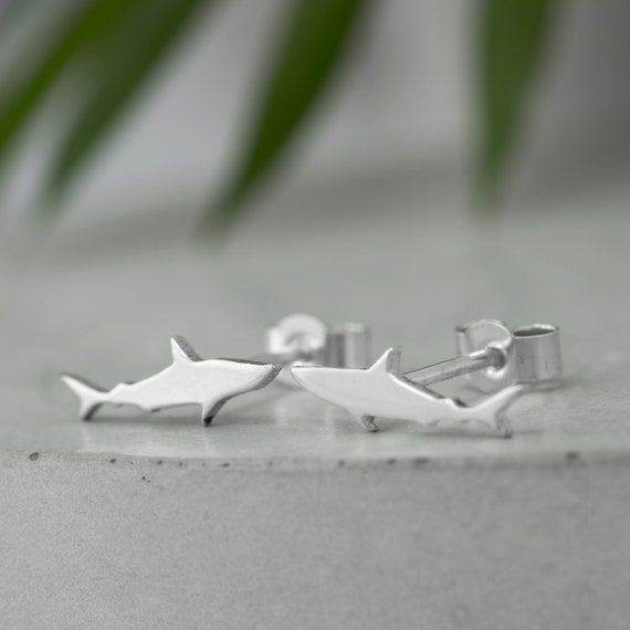 Silver Shark Earrings, Tiny Animal Studs, Sterling Silver Minimalist Jewellery, Small Handmade Stud Earrings, Ocean Lover Gift For Her
