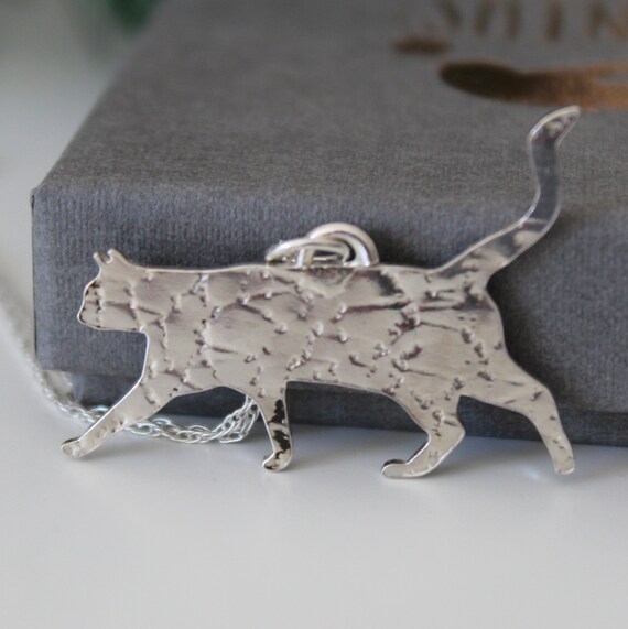 Handmade Silver Cat Necklace, Crazy Cat Lady, Cat Lover Gift, Sterling Silver Cat Pendant, Woodland Animal Jewelry, Letterbox Gift for Her