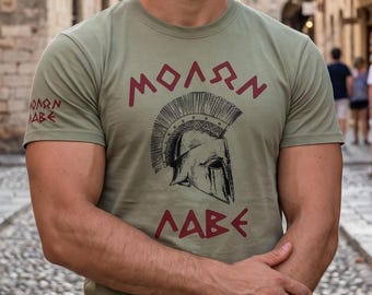 Molon Labe Shirt, Spartanischer Helm Grafik, Antikes griechisches Kriegerdesign