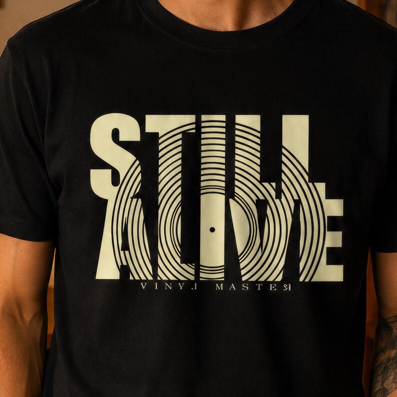 a black t-shirt with a white graphic design on it.