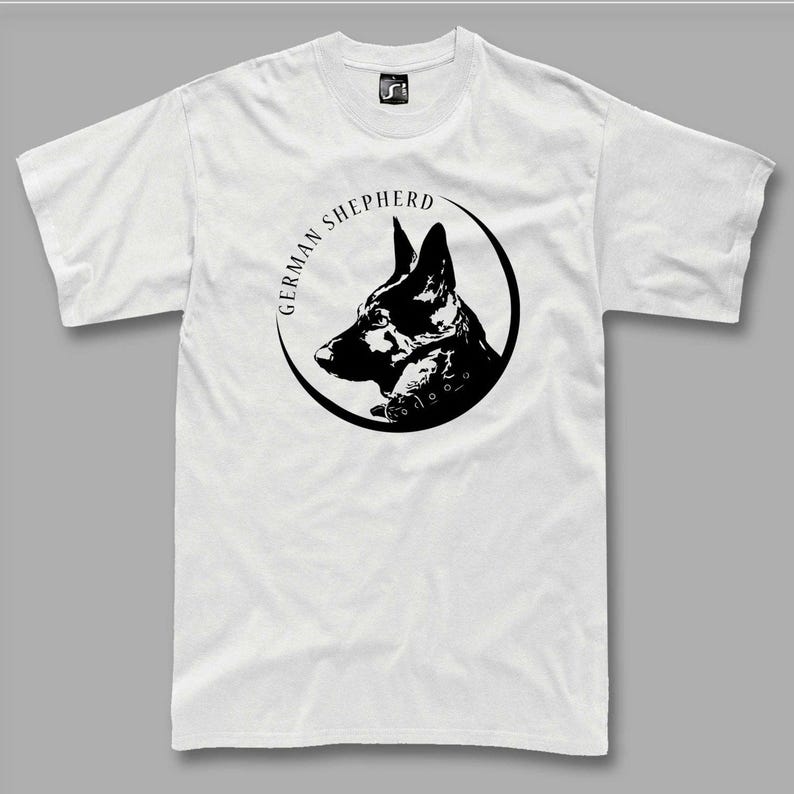 A white t-shirt with a black graphic design depicting a German Shepherd dog's head.