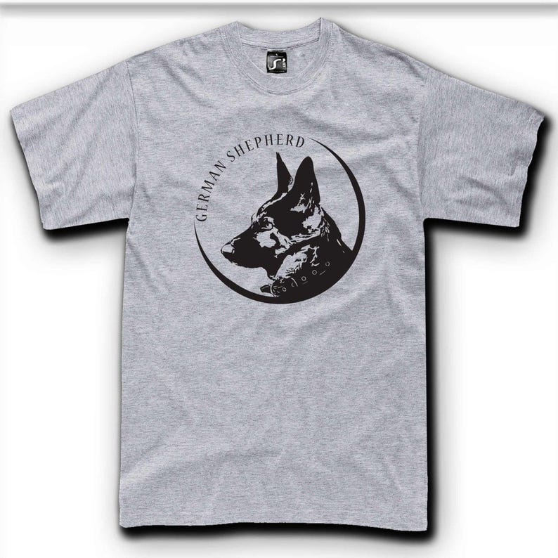 A gray t-shirt with a black graphic design depicting a German Shepherd dog's head.