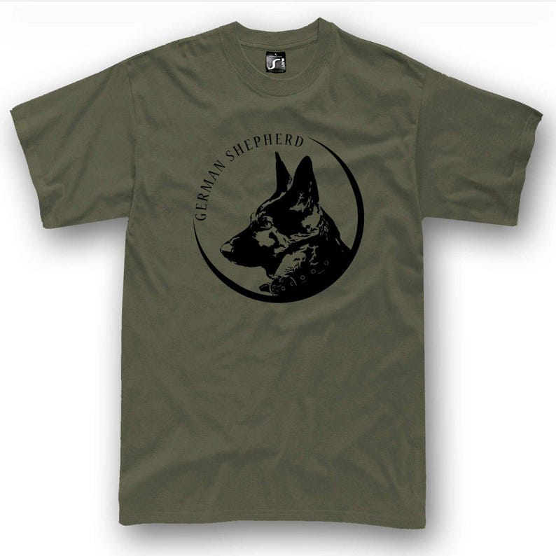 A t-shirt with a graphic design featuring a black silhouette of a German shepherd dog's head within a circular frame.